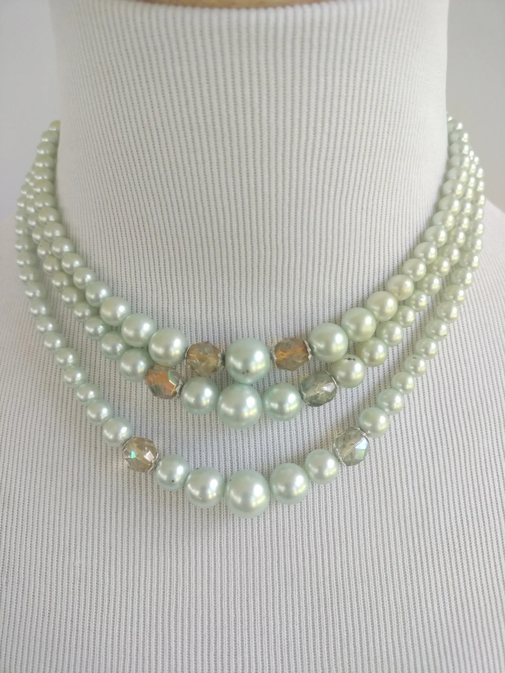 Pearl W/Crystal 3-Multi-Strand-JAPAN Necklace-vintage-